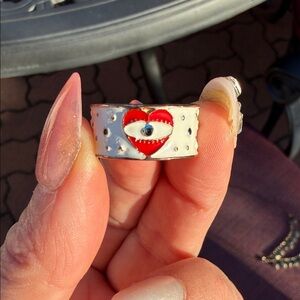 White Enamel Heart Eye Ring with Red Accent